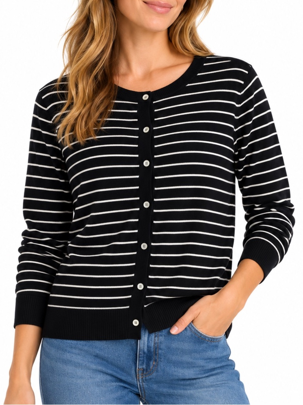 Jones New York Black and White Striped Women's Cardigan Sweater Size Large